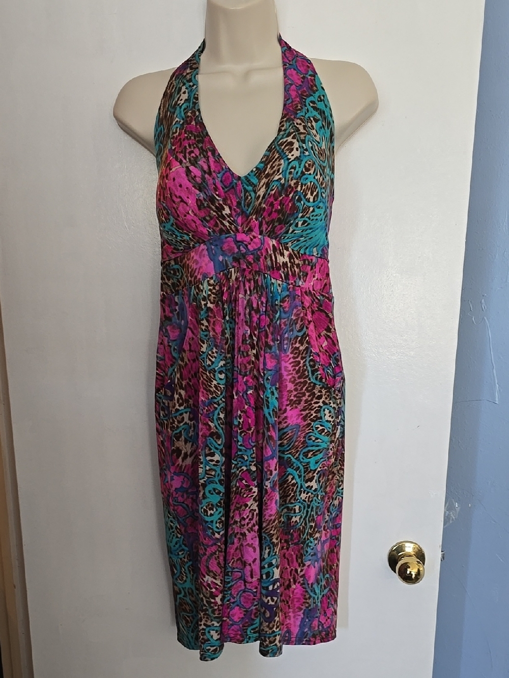 Boston Proper Halter Dress in Pink & Teal Animal Print Size M